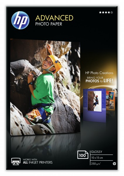 HP Q8692A Advanced glänzend FotoPapier inkjet 250g/m2 100x150mm 100 Blatt 1er-Pack borderless