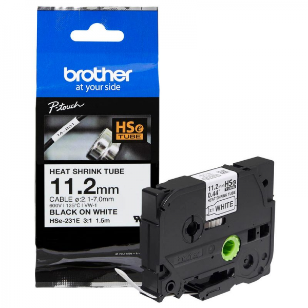 Brother HSe-231E Schrumpfschlauch 11,2 mm schwarz auf weiß PT-D800W PT-P750W PT-P950NW