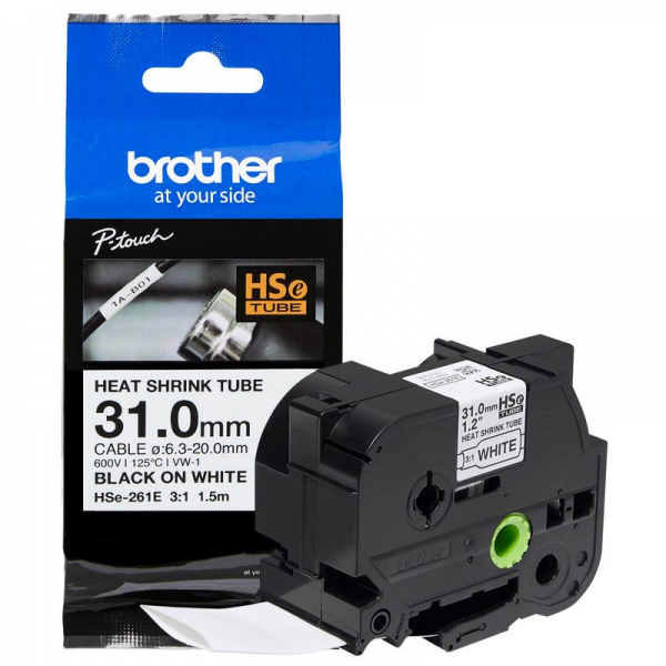 Brother HSe-261E Schrumpfschlauch 31 mm schwarz auf weiß PT-D800W PT- P900W PT-P950NW P900Wc